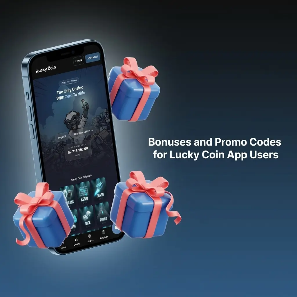 Lucky Coin app bonuses including 300 free spins welcome offer, cashback promotions, and promo code entry guide