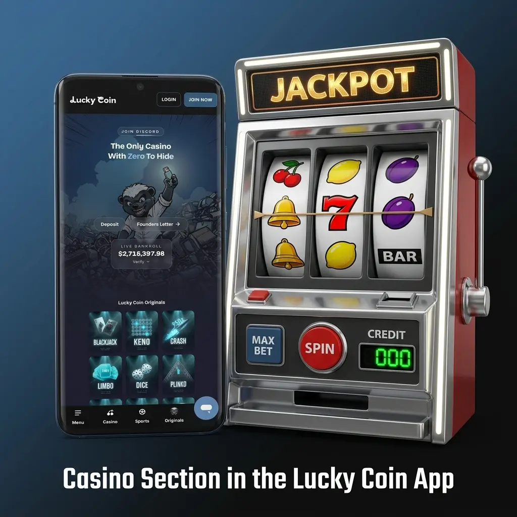 Lucky Coin app casino section displaying slots, live dealer tables, crash games, and jackpot slots on mobile