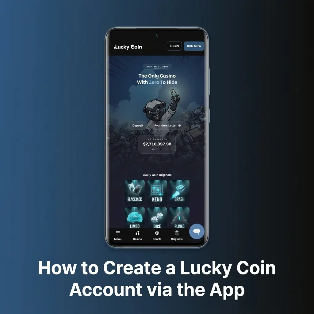 Step-by-step guide to creating a Lucky Coin account via the app, showing registration screen for Australian players