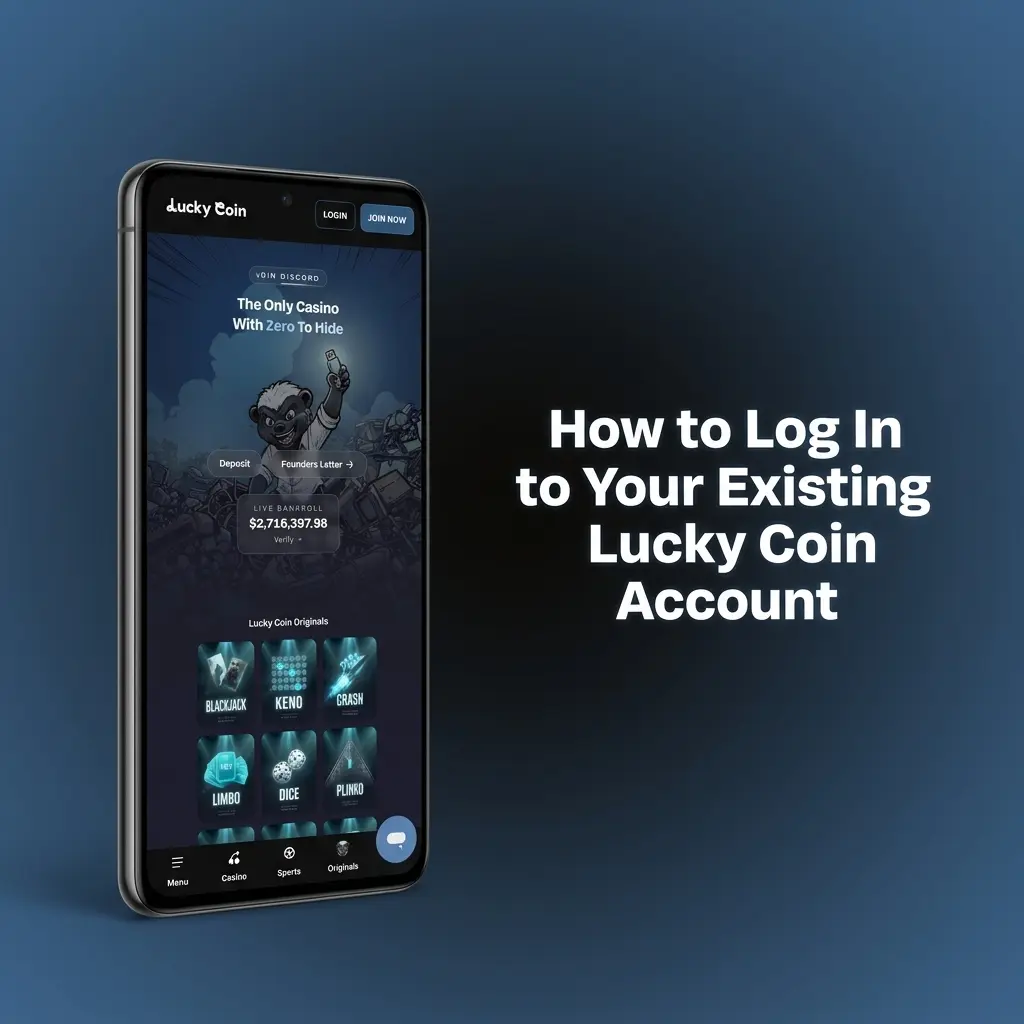 Lucky Coin app login screen showing email and password fields for returning players to sign in securely