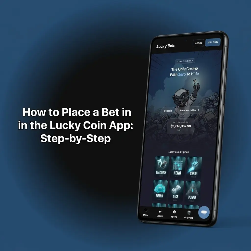 Lucky Coin app bet placement steps showing sport selection, odds tap, bet slip, stake entry and confirm button