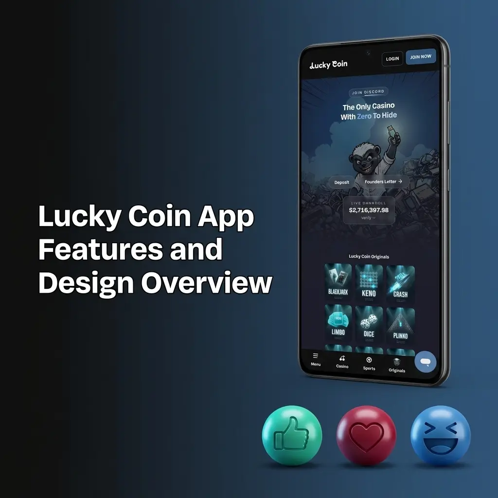 Lucky Coin app interface showing dark navy and gold design with bottom navigation for sports, casino, and promotions