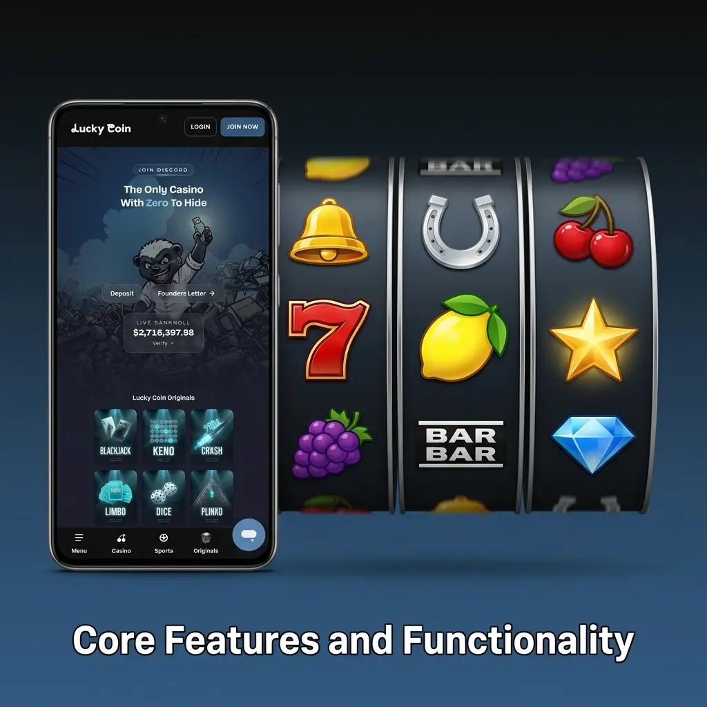 Lucky Coin app interface showing sports betting, live streaming, casino games, and promotions on mobile