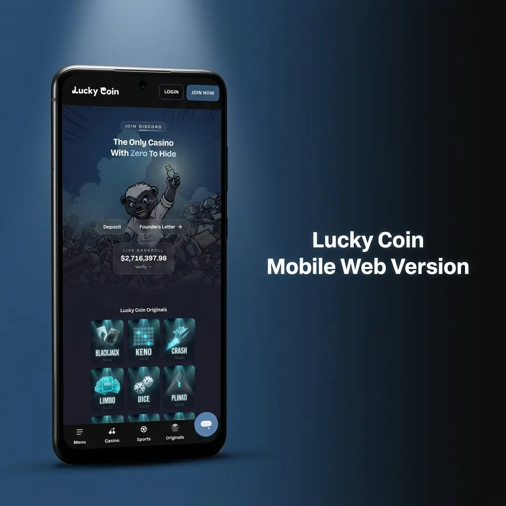 Lucky Coin mobile website interface adapting to a smartphone screen showing sports betting and casino game options
