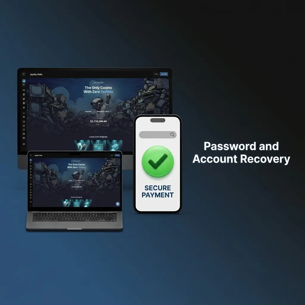 Lucky Coin casino password recovery steps showing forgot password link, reset methods, and verification code process