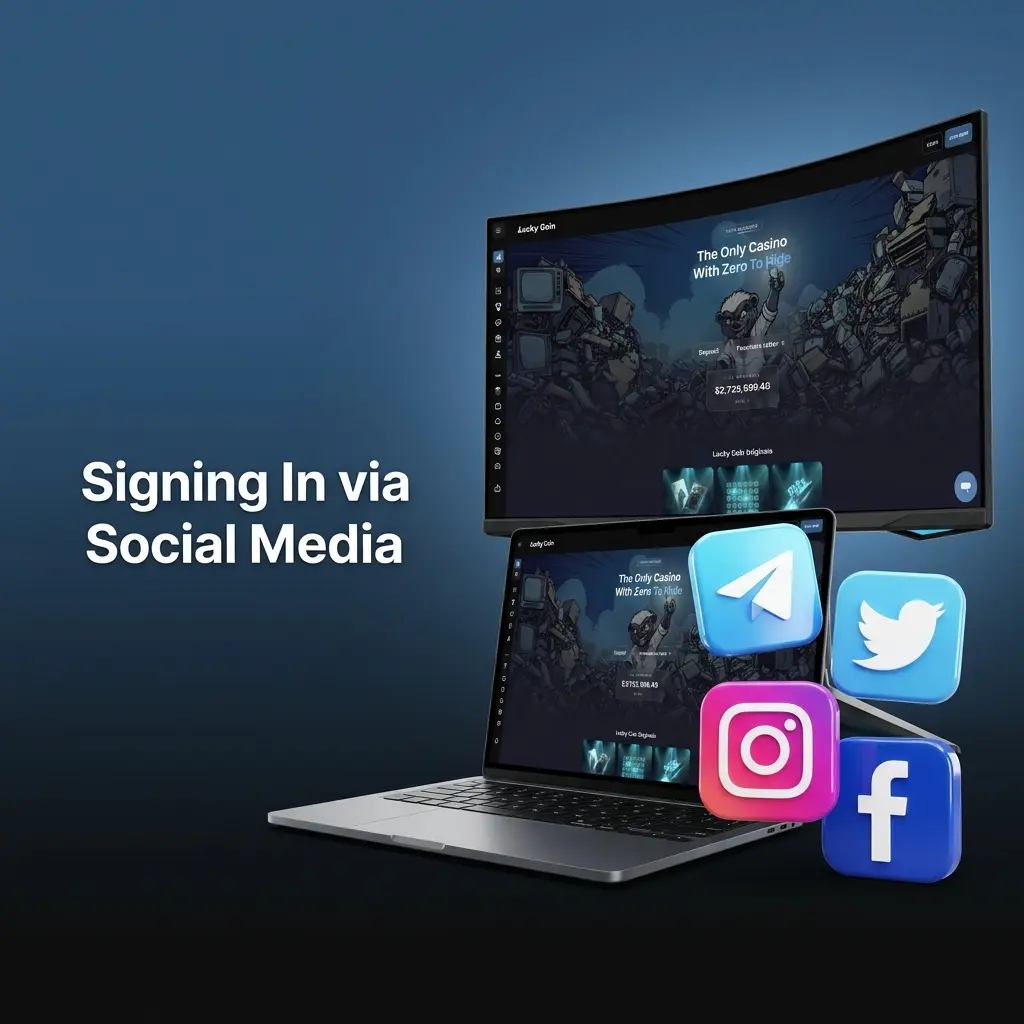 Lucky Coin login screen showing social media sign-in options including Google and Telegram icons for quick access