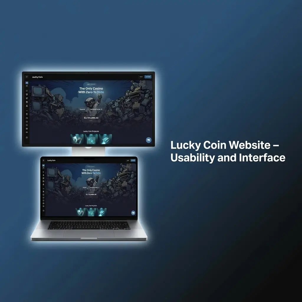 Dark-themed Lucky Coin website interface showing navy and charcoal tones with top navigation bar for sports, casino and promotions